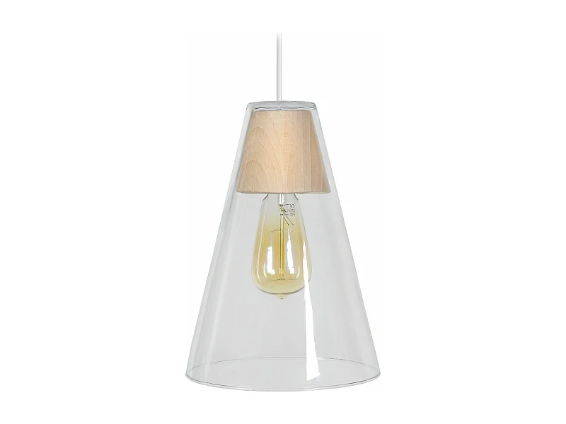 Suspension conique verre, bois naturel 88 cm.