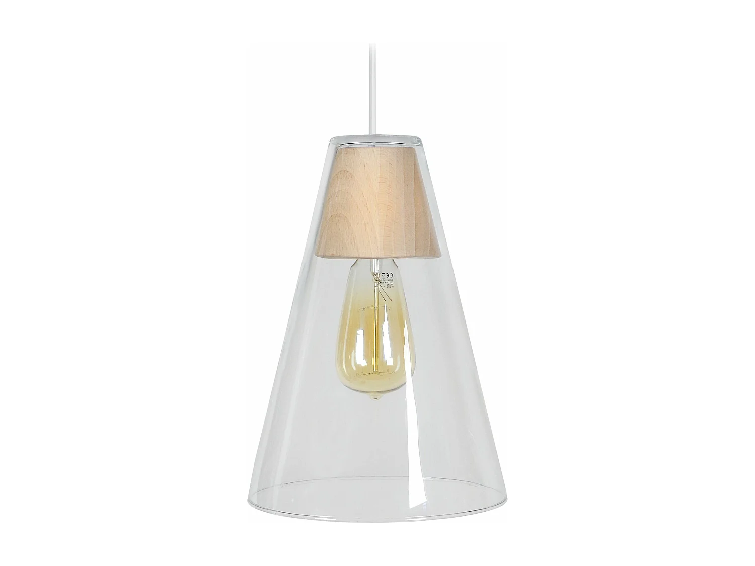 Suspension conique verre, bois naturel 88 cm.