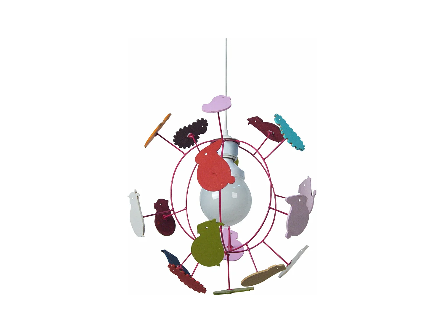 Suspension enfant globe métal,rose bois animaux colorés 107 cm.