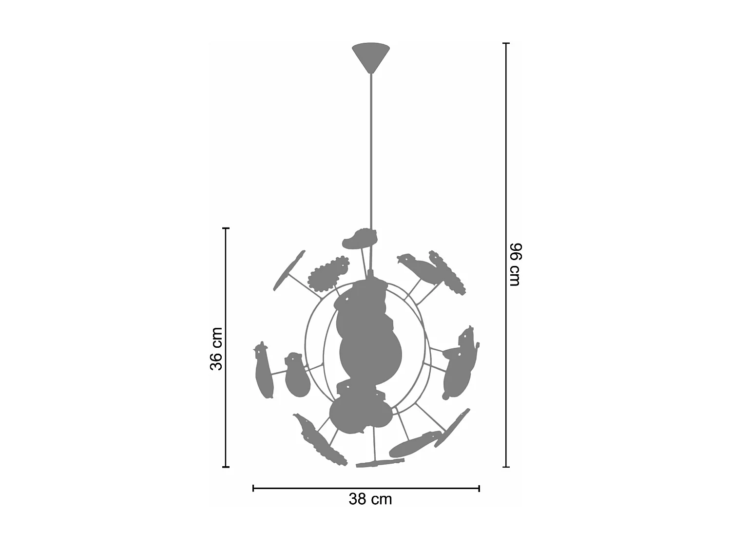 Suspension enfant globe métal,rose bois animaux colorés 107 cm.