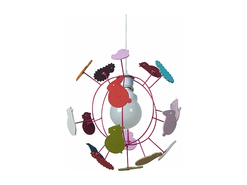 Suspension enfant globe métal,rose bois animaux colorés 107 cm.