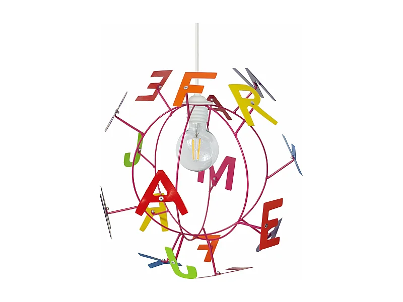 Suspension enfant globe métal,rose bois lettres colorés 107 cm.