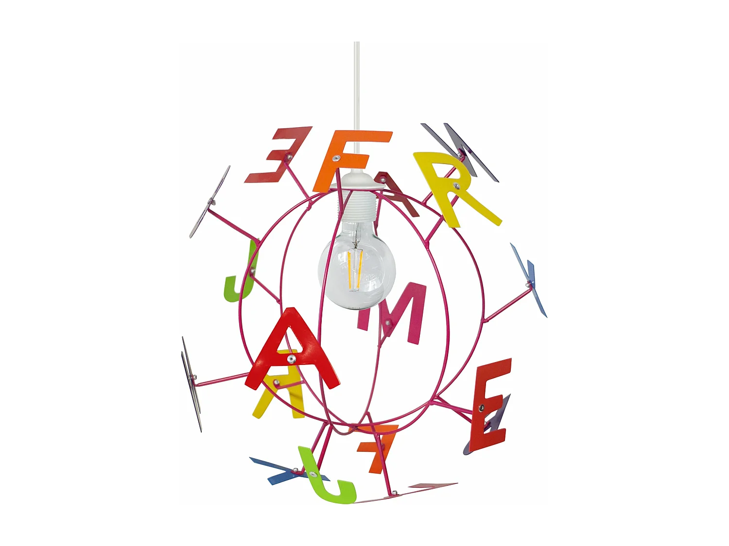 Suspension enfant globe métal,rose bois lettres colorés 107 cm.