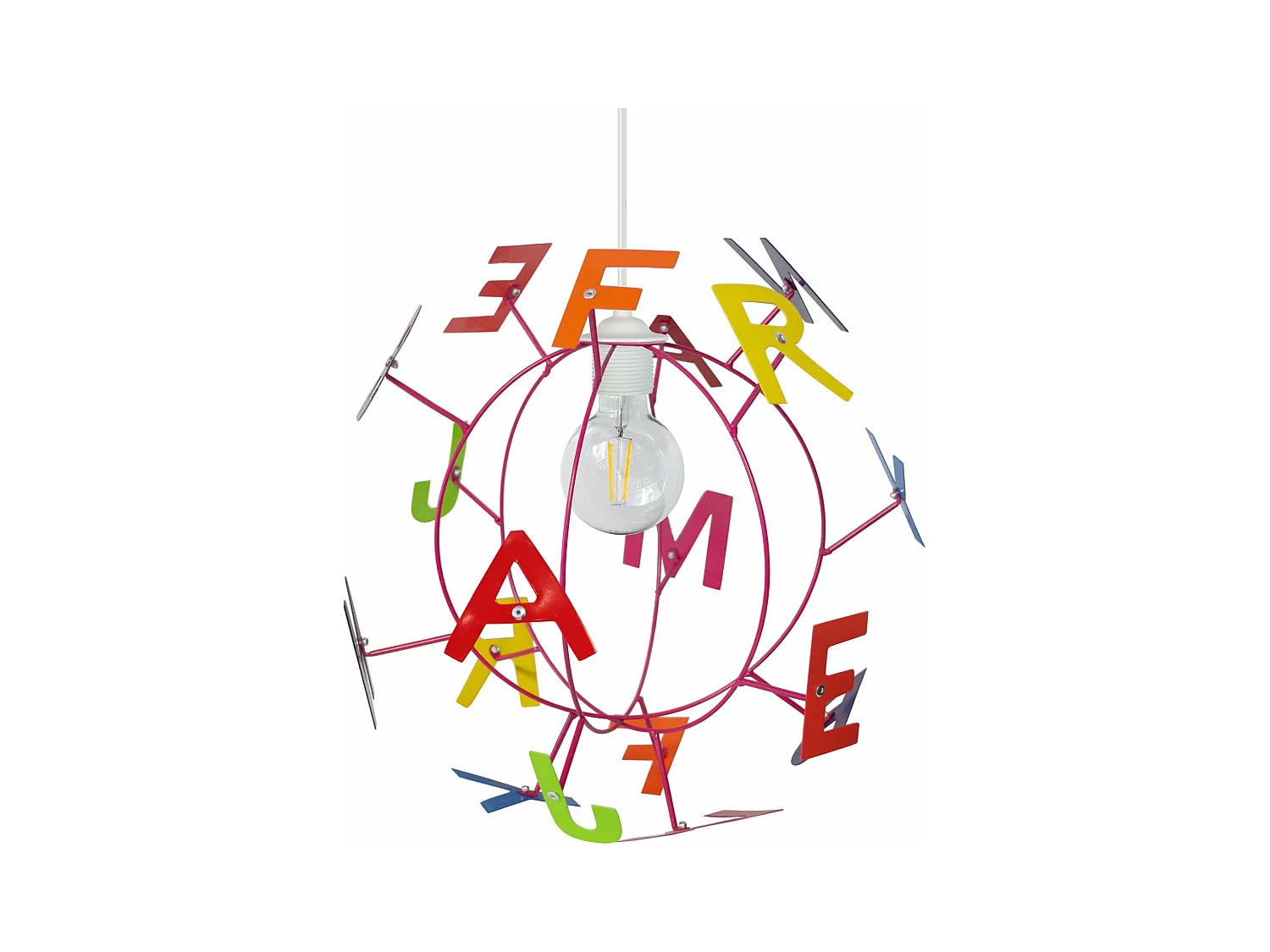 Suspension enfant globe métal,rose bois lettres colorés 107 cm.