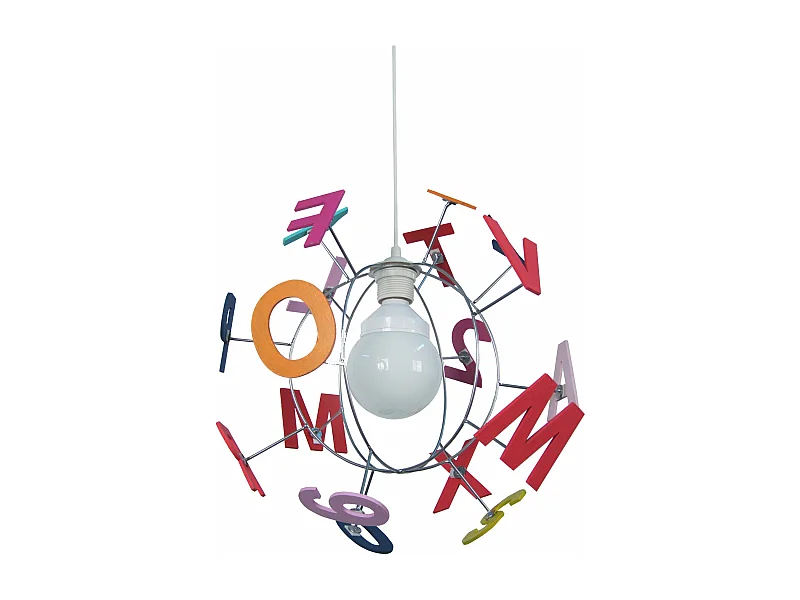 Suspension enfant globe métal,aluminium bois lettres colorés 107 cm.