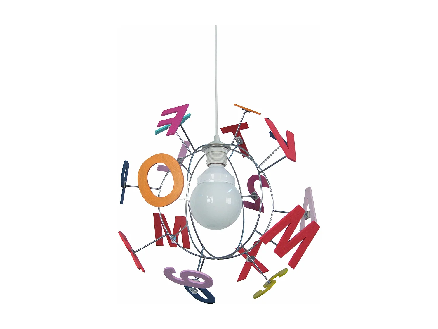 Suspension enfant globe métal,aluminium bois lettres colorés 107 cm.