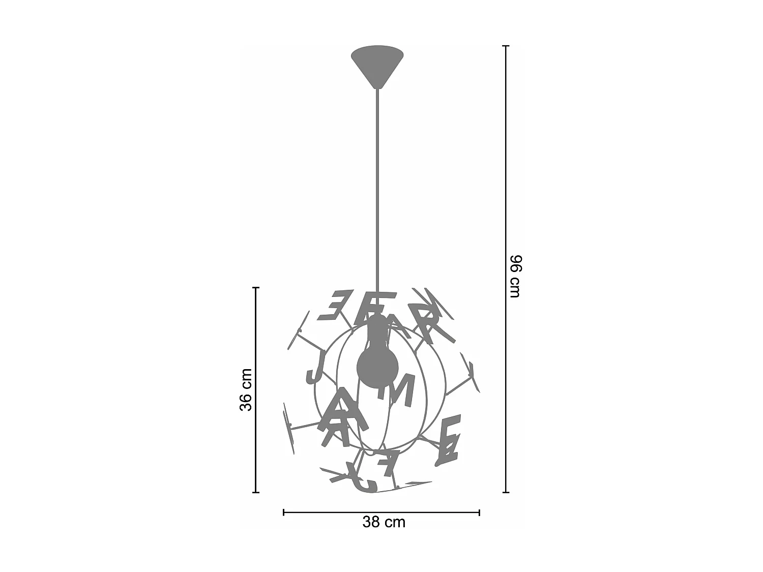 Suspension enfant globe métal,aluminium bois lettres colorés 107 cm.