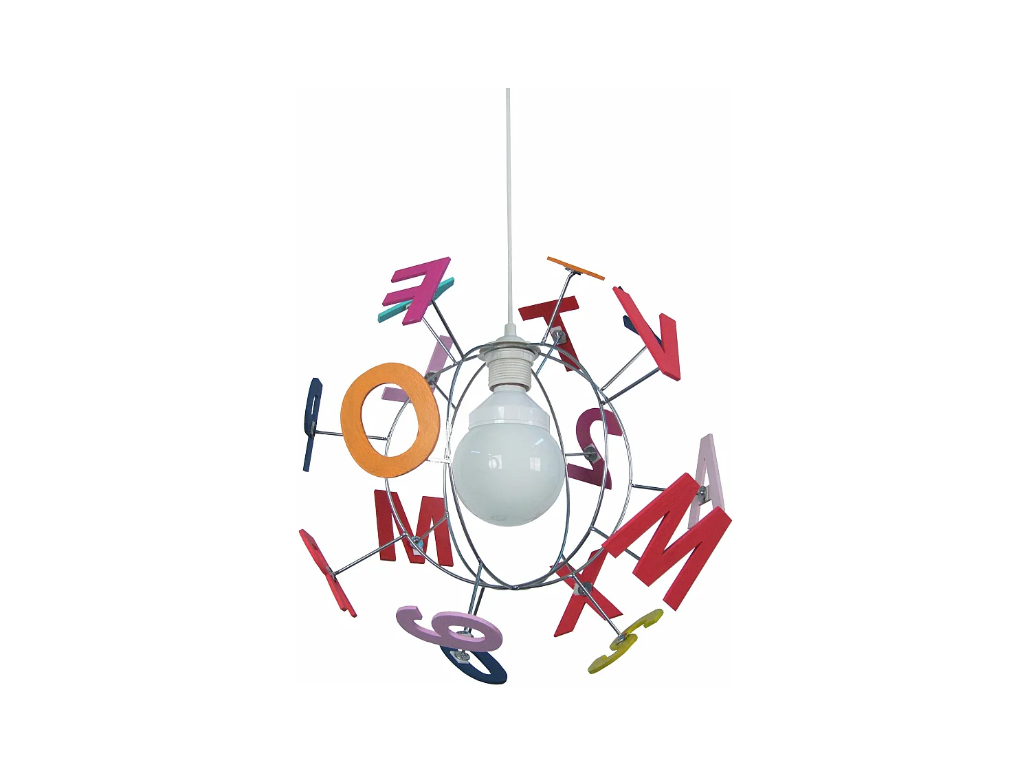 Suspension enfant globe métal,aluminium bois lettres colorés 107 cm.
