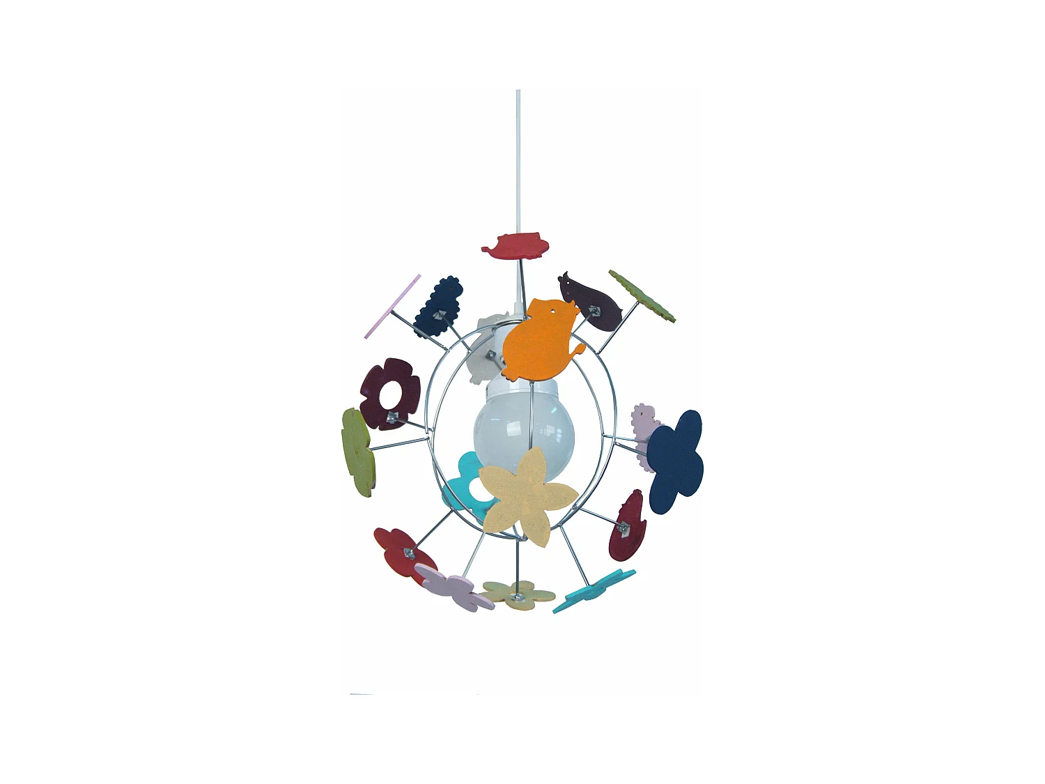 Suspension enfant globe métal,aluminium bois animaux colorés 107 cm.