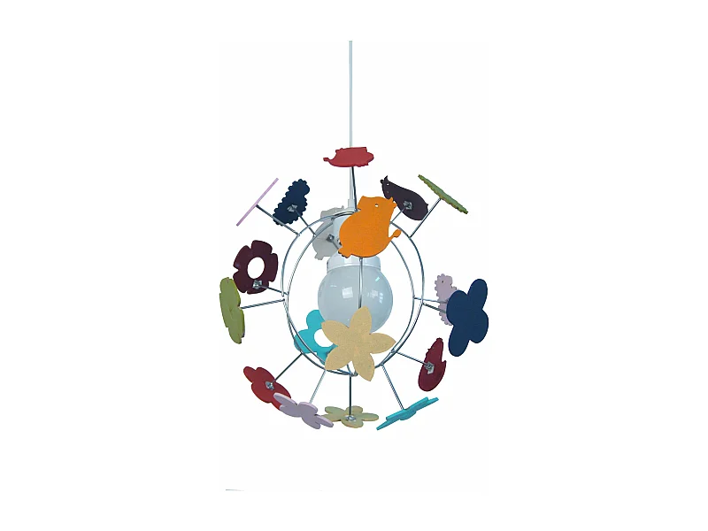 Suspension enfant globe métal,aluminium bois animaux colorés 107 cm.