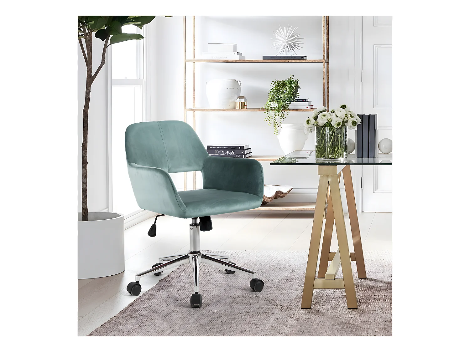 URBAN MRUBLE Fauteuil de Bureau Scandinave Ergonomique avec Accoudoirs Hauteur Réglable Velours AQUA et Chromed Base