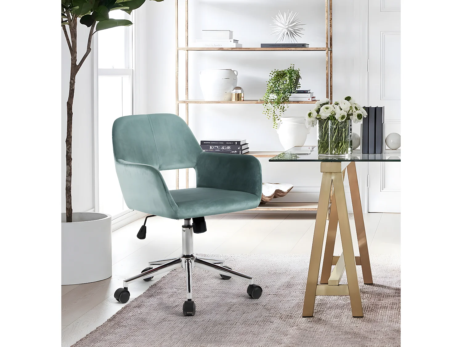 URBAN MRUBLE Fauteuil de Bureau Scandinave Ergonomique avec Accoudoirs Hauteur Réglable Velours AQUA et Chromed Base