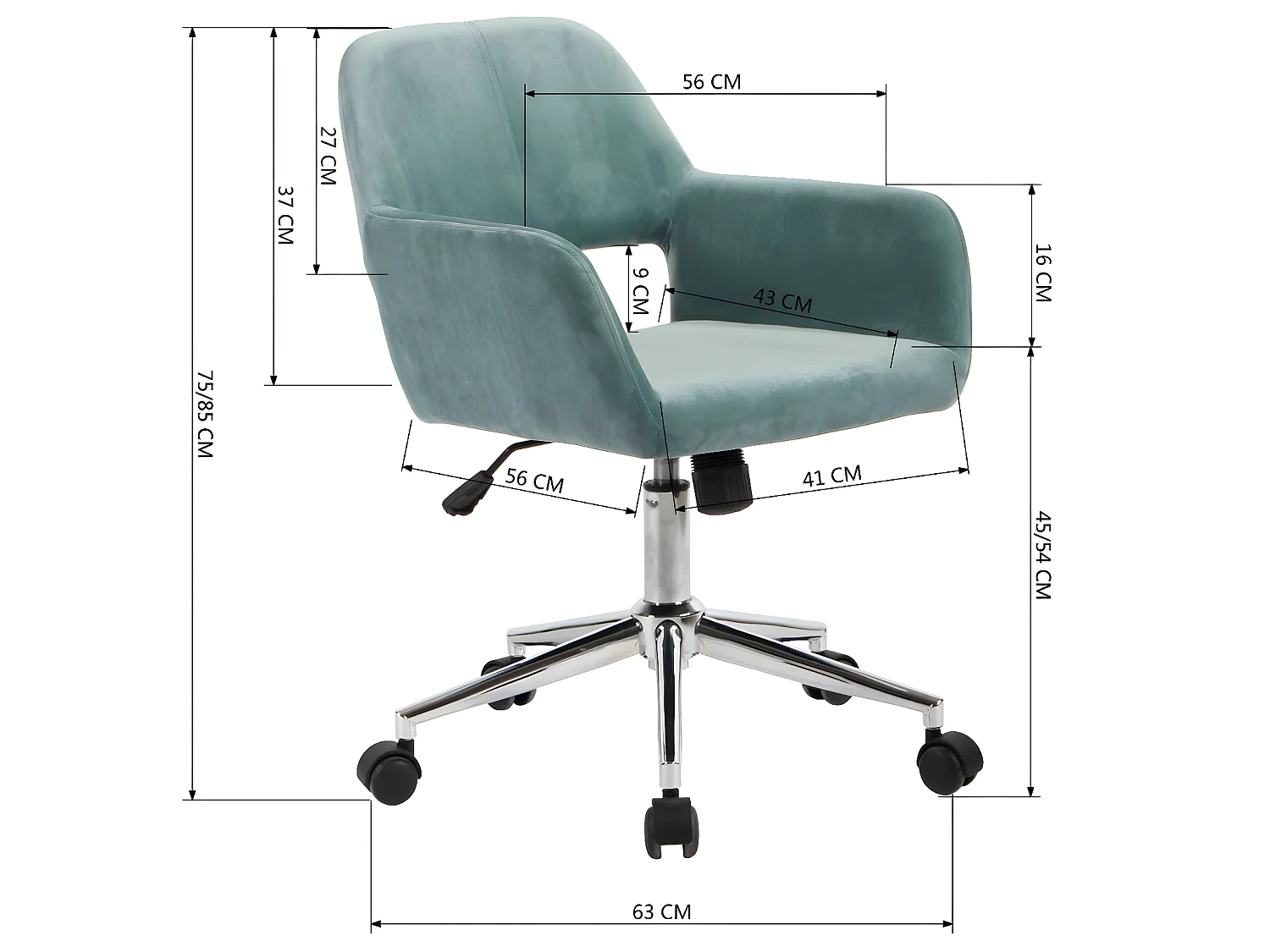 URBAN MRUBLE Fauteuil de Bureau Scandinave Ergonomique avec Accoudoirs Hauteur Réglable Velours AQUA et Chromed Base