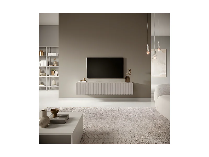 TV-Lowboard - 140 cm - hängend Lamellenfronten - Taupe (Graubeige) - TELIRE