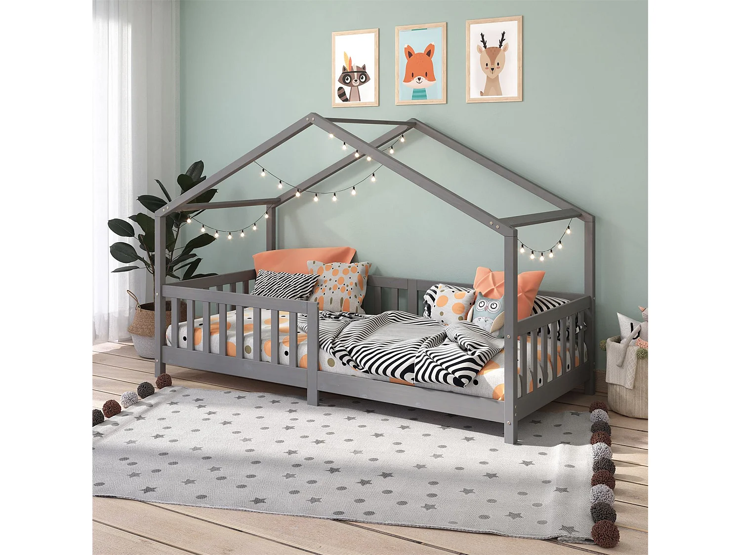 Lit cabane enfant 90x200 cm LISAN lit Simple montessori avec Barrières de Protection en Bois Massif lasuré gris