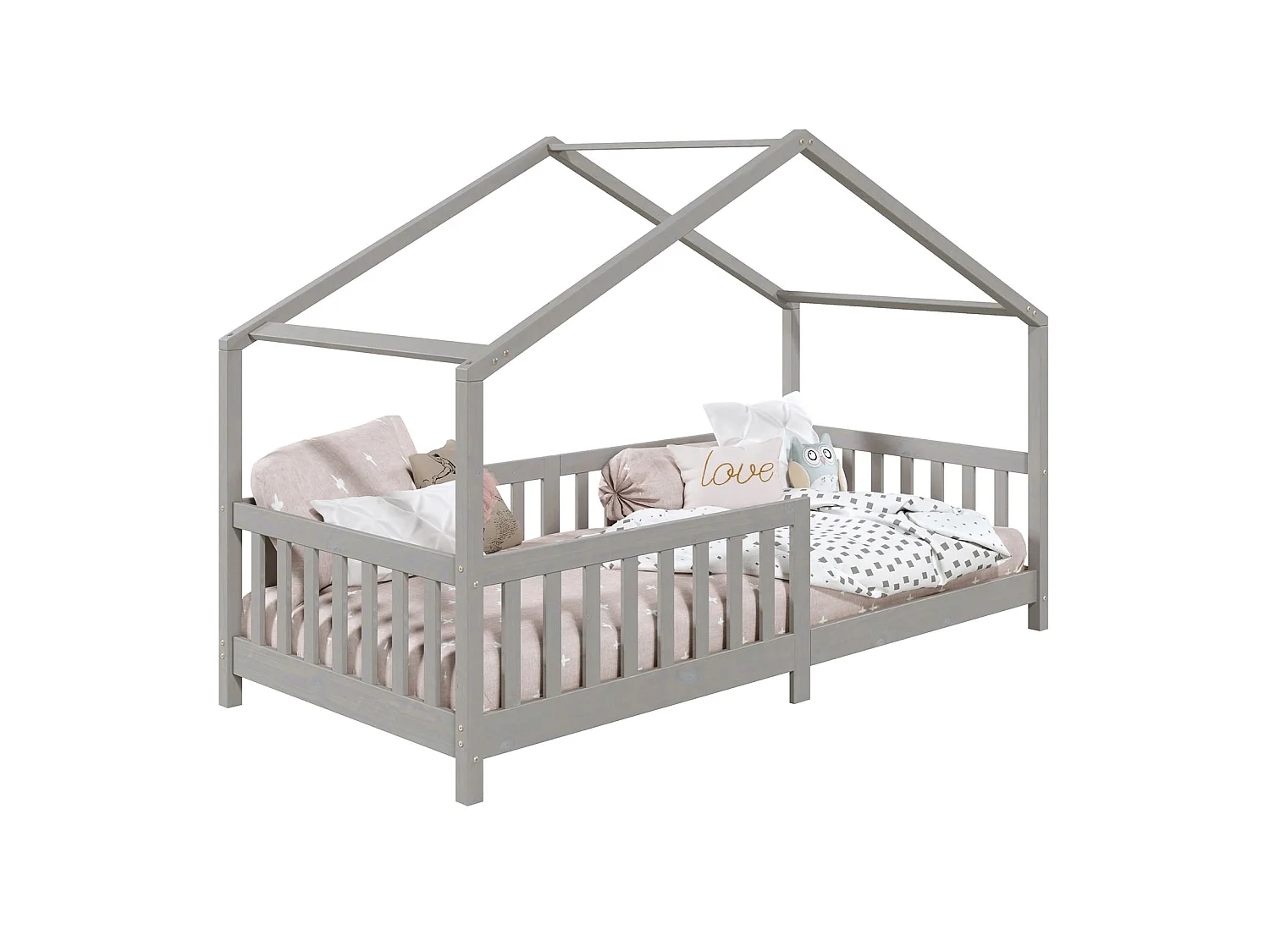 Lit cabane enfant 90x200 cm LISAN lit Simple montessori avec Barrières de Protection en Bois Massif lasuré gris