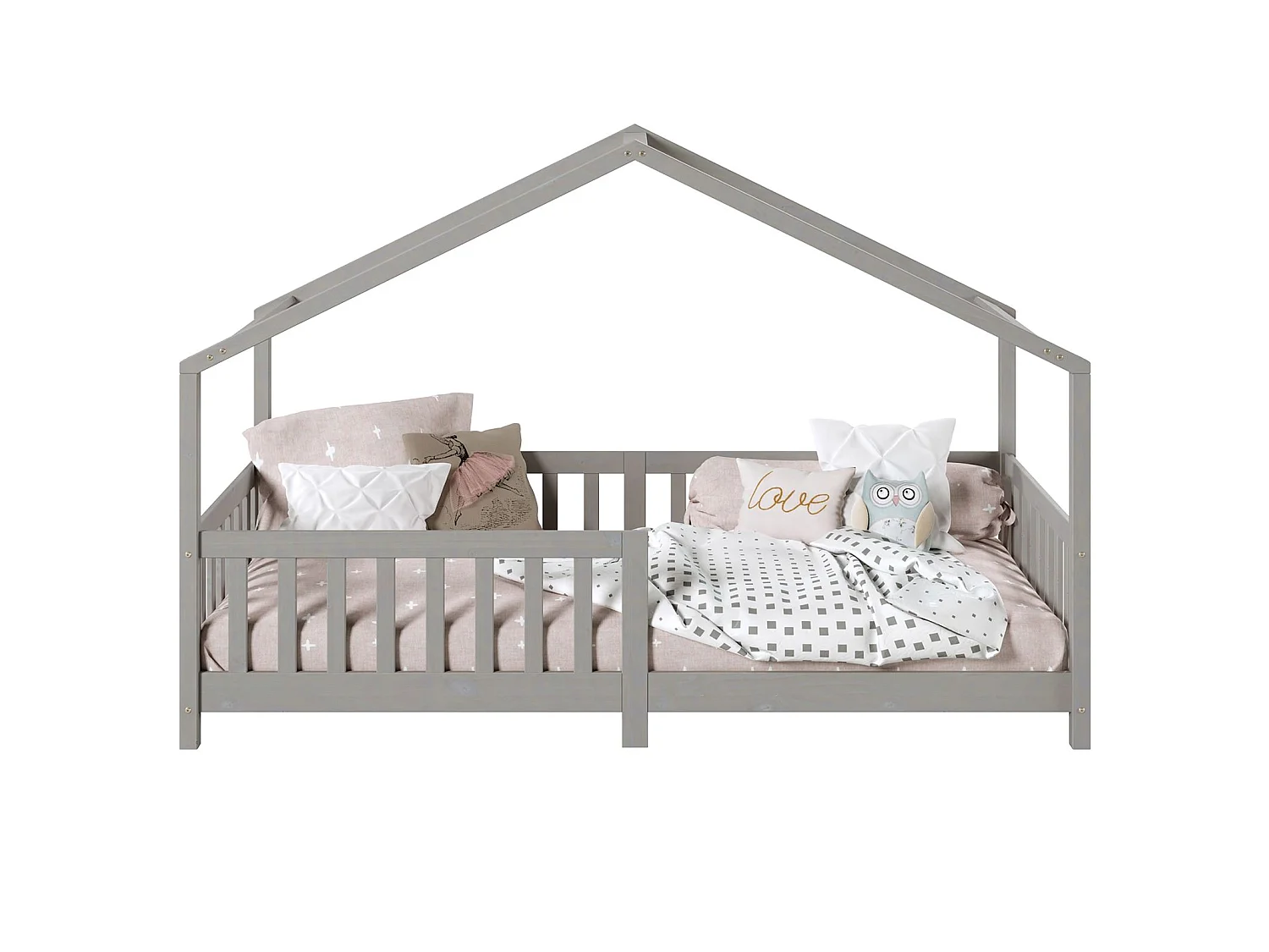 Lit cabane enfant 90x200 cm LISAN lit Simple montessori avec Barrières de Protection en Bois Massif lasuré gris