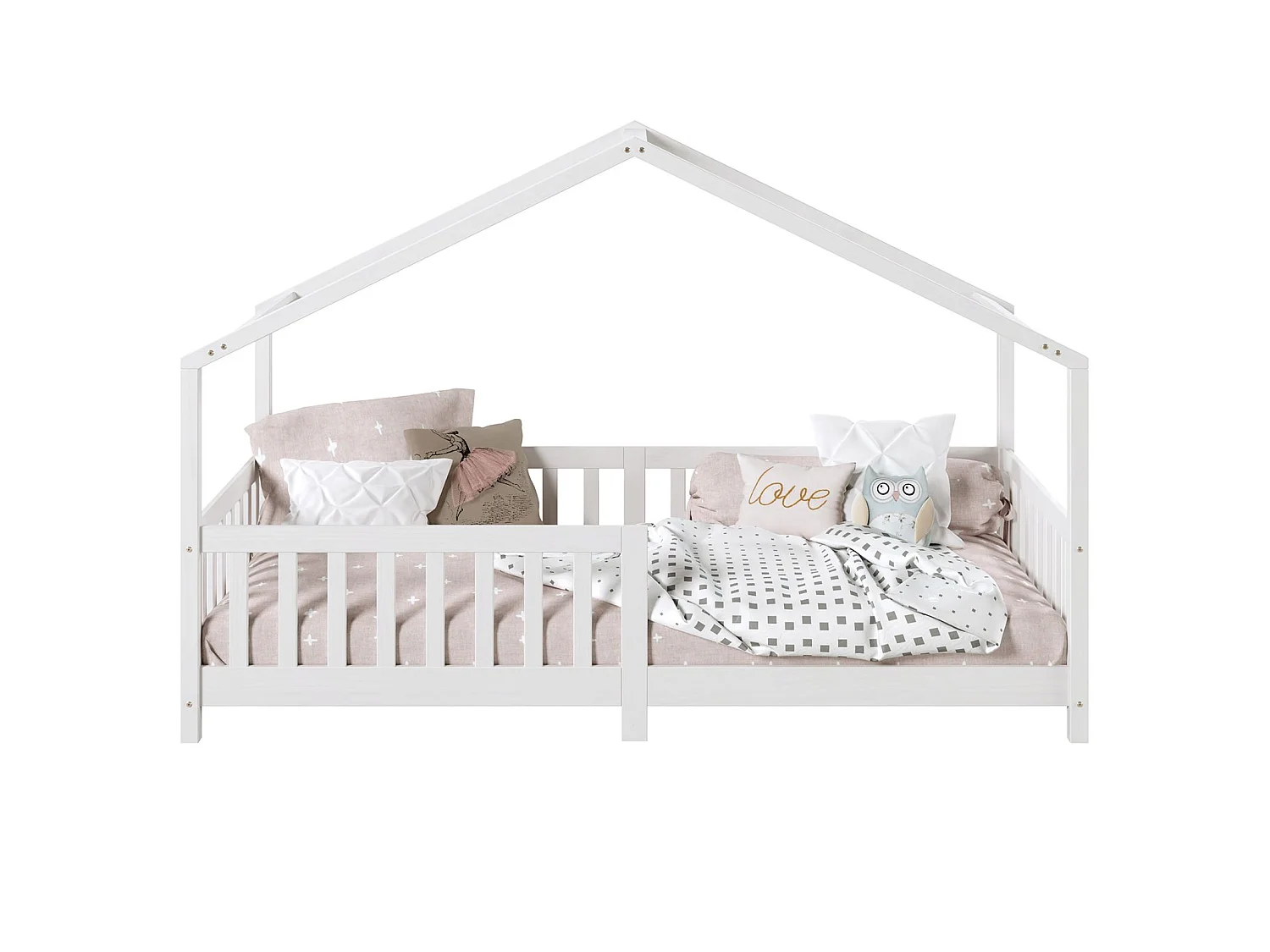 Lit cabane enfant 90x200 cm LISAN lit Simple montessori avec Barrières de Protection en Bois Massif lasuré blanc