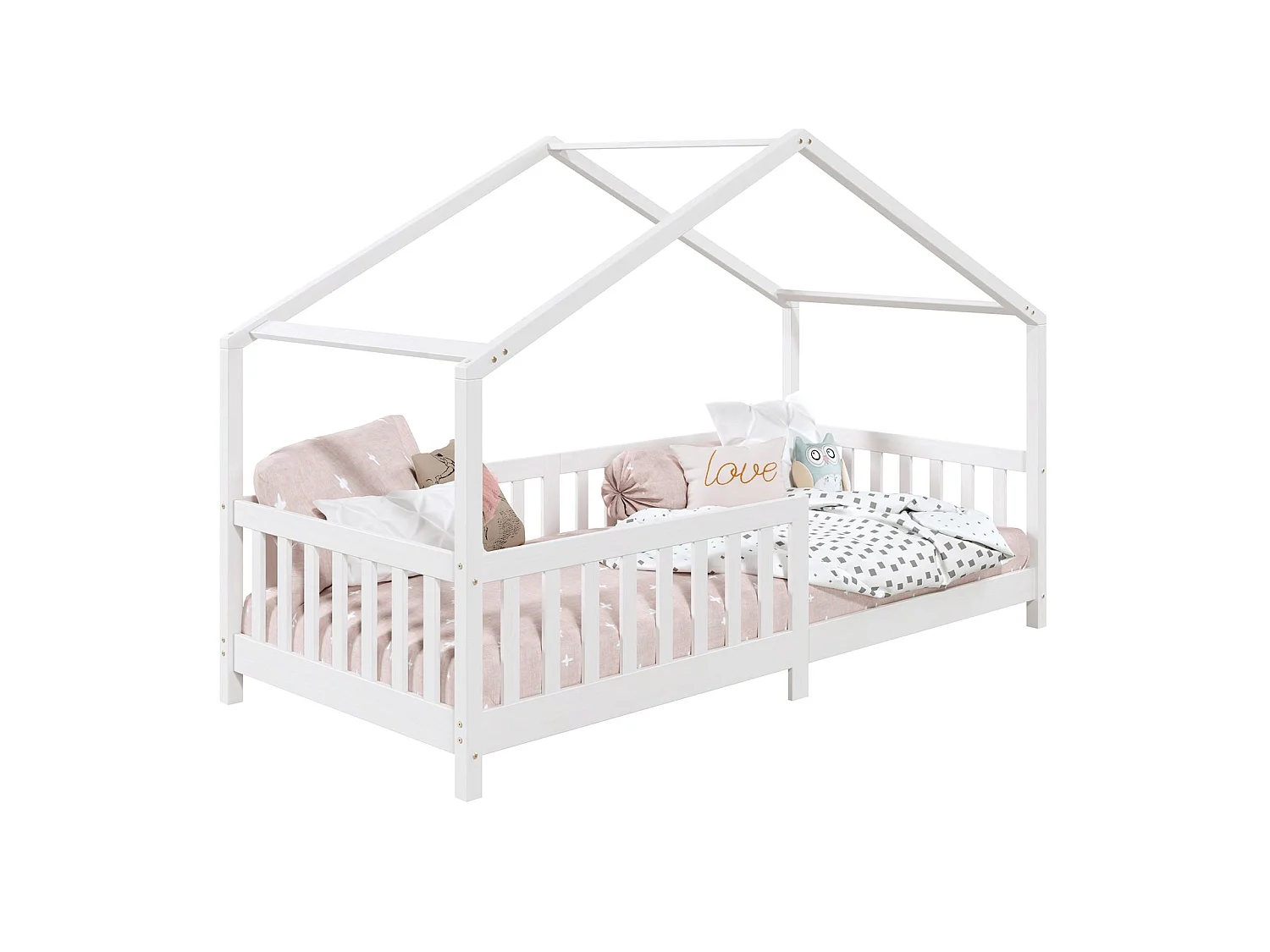Lit cabane enfant 90x200 cm LISAN lit Simple montessori avec Barrières de Protection en Bois Massif lasuré blanc