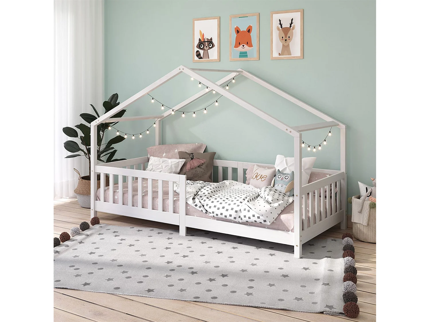 Lit cabane enfant 90x200 cm LISAN lit Simple montessori avec Barrières de Protection en Bois Massif lasuré blanc
