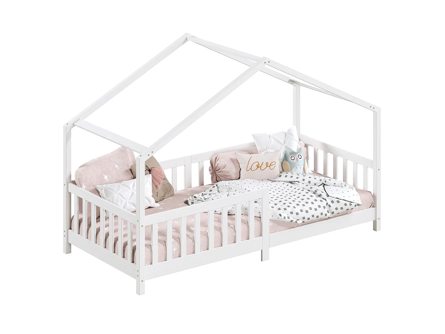 Lit cabane enfant 90x200 cm LISAN lit Simple montessori avec Barrières de Protection en Bois Massif lasuré blanc
