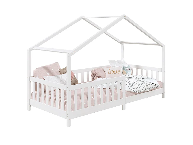 Lit cabane enfant 90x200 cm LISAN lit Simple montessori avec Barrières de Protection en Bois Massif lasuré blanc