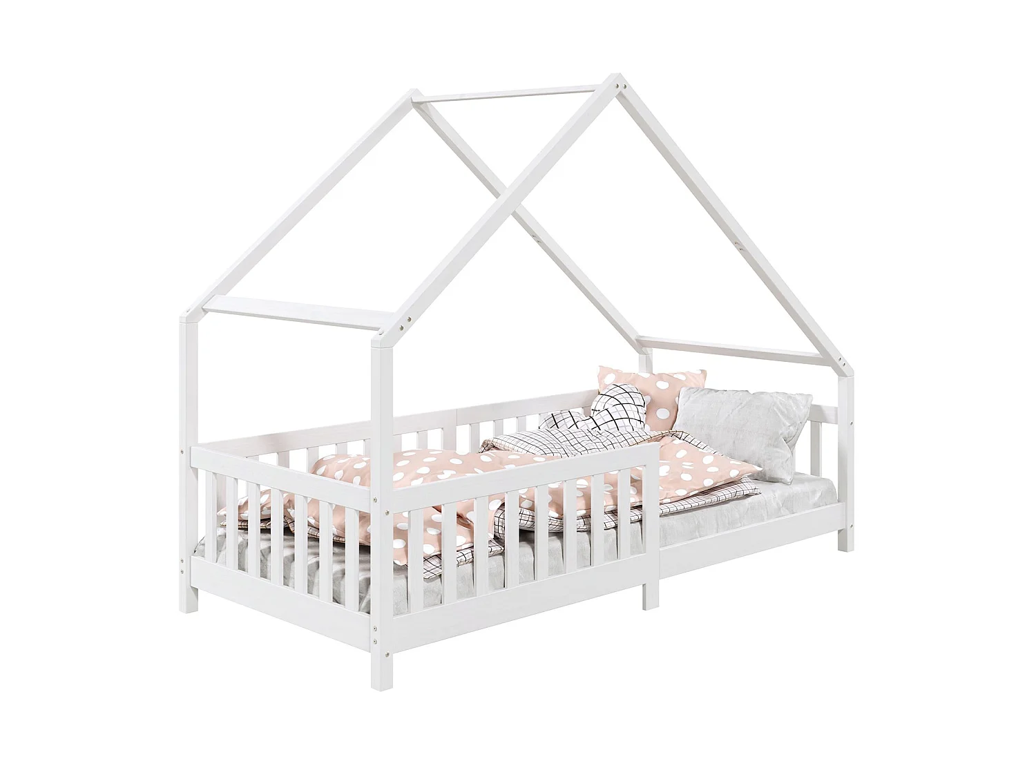Lit cabane CORA lit enfant simple montessori asymétrique en bois 90 x 200 cm en pin massif lasuré blanc
