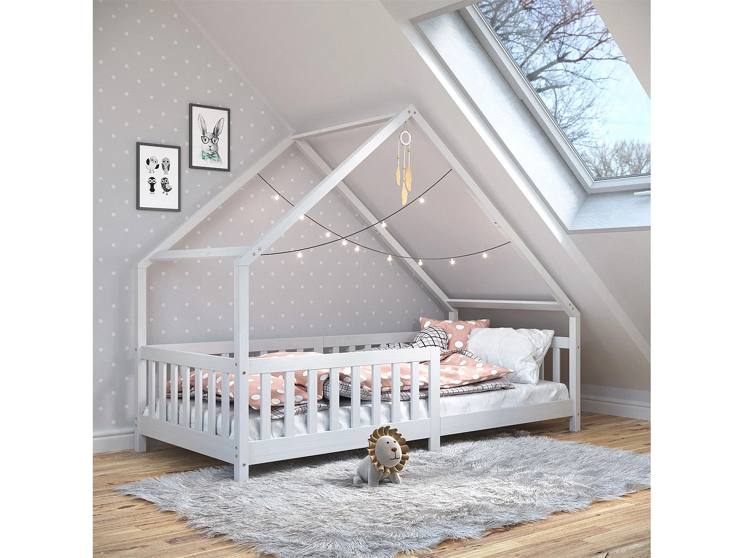 Lit cabane CORA lit enfant simple montessori asymétrique en bois 90 x 200 cm en pin massif lasuré blanc