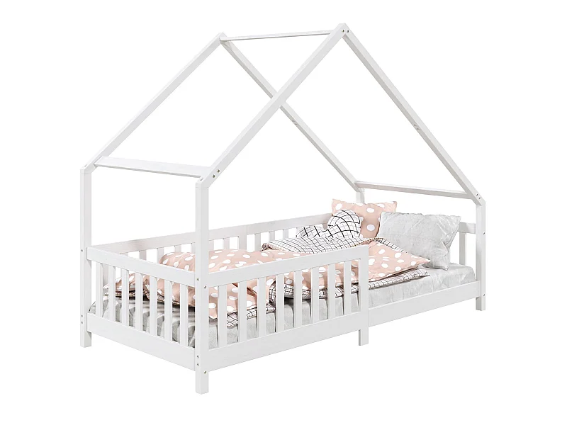 Lit cabane CORA lit enfant simple montessori asymétrique en bois 90 x 200 cm en pin massif lasuré blanc