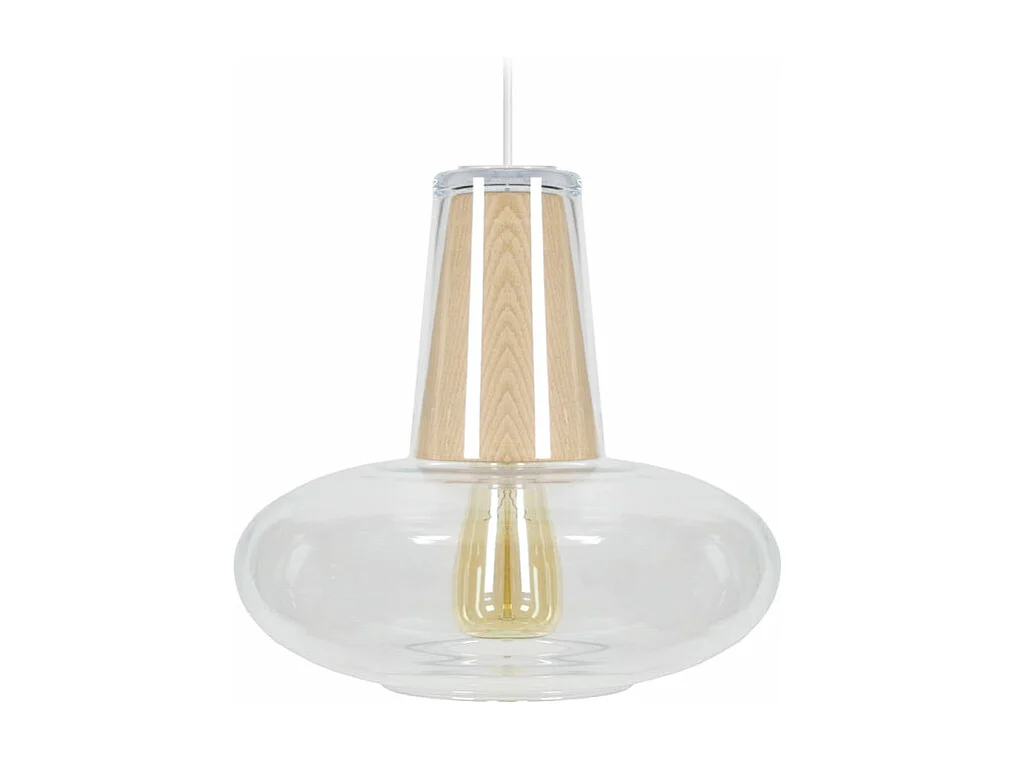 Suspension cone globe verre, bois naturel 88 cm.