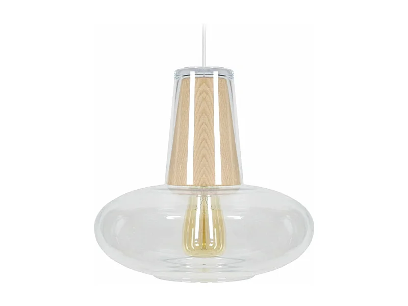 Suspension cone globe verre, bois naturel 88 cm.