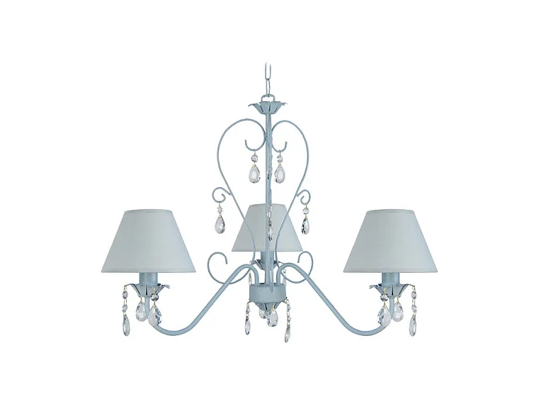 Lustre 3 bras métal abat-jour bleu,pampilles verre 80 cm.