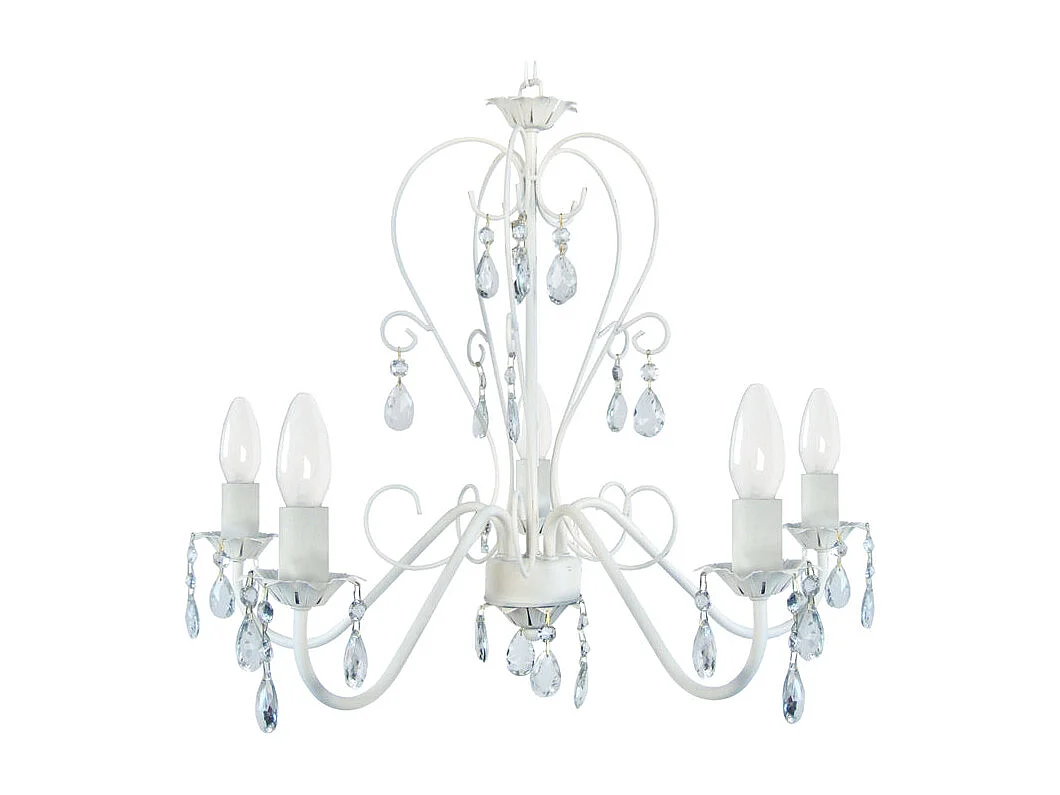 Lustre 5 bras métal blanc,pampilles verre 80 cm.