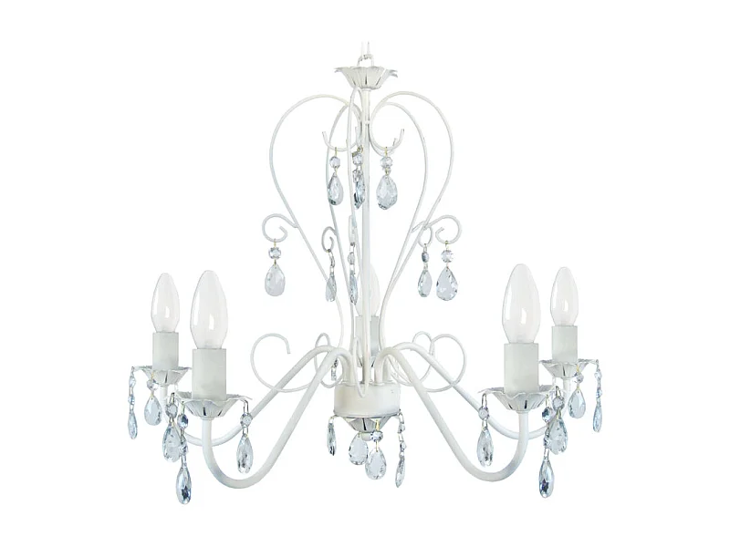 Lustre 5 bras métal blanc,pampilles verre 80 cm.