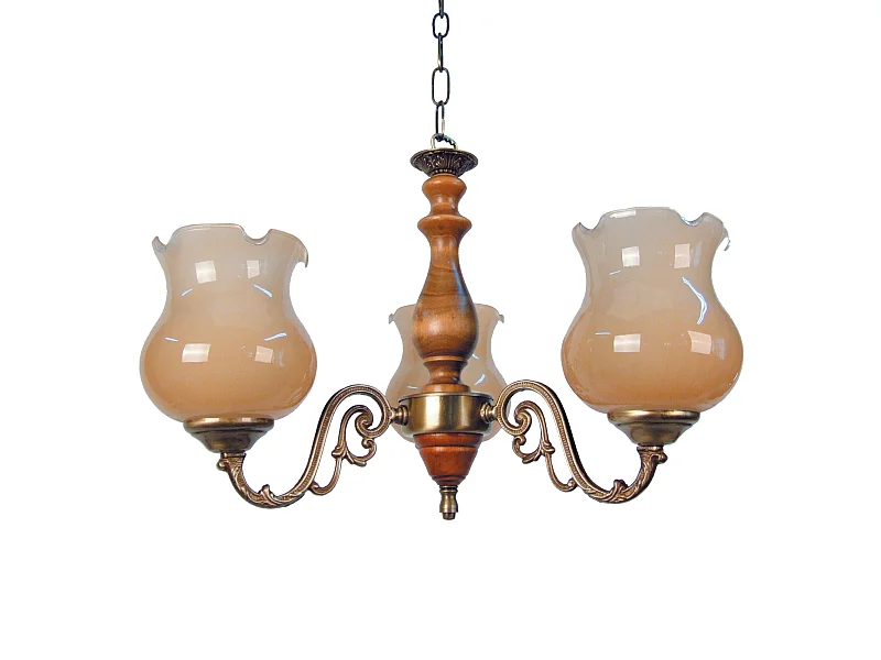 VAL D'ISÉRE - Lustre multi bras métal  et bois doré et ambre