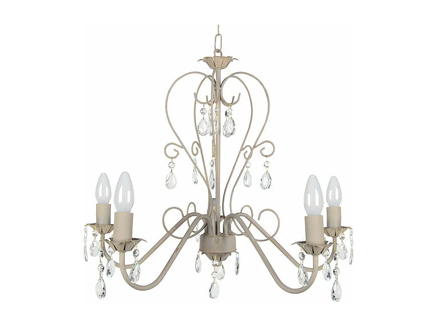 Lustre 5 bras métal taupe,pampilles verre 80 cm.