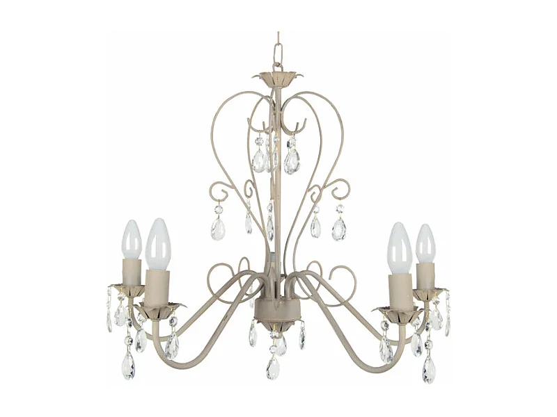 Lustre 5 bras métal taupe,pampilles verre 80 cm.