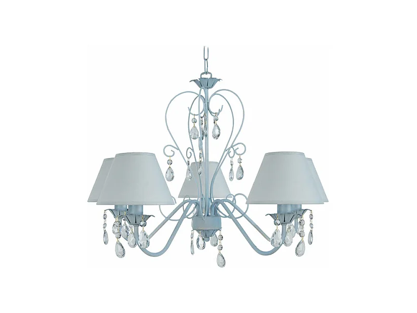 Lustre 5 bras métal abat-jour bleu,pampilles verre 80 cm.