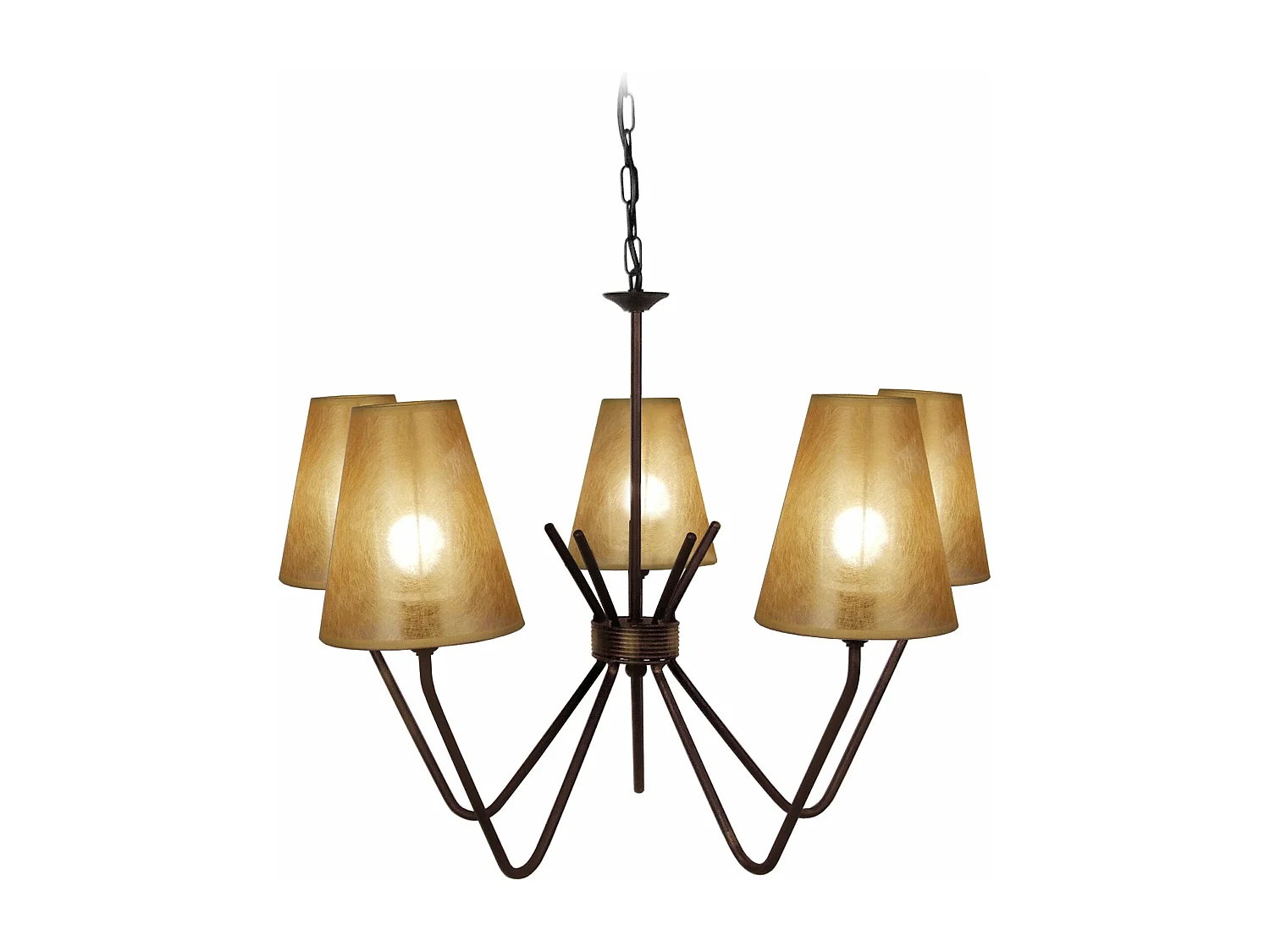 Lustre 5  bras métal  marron,abat-jour vert 90 cm.