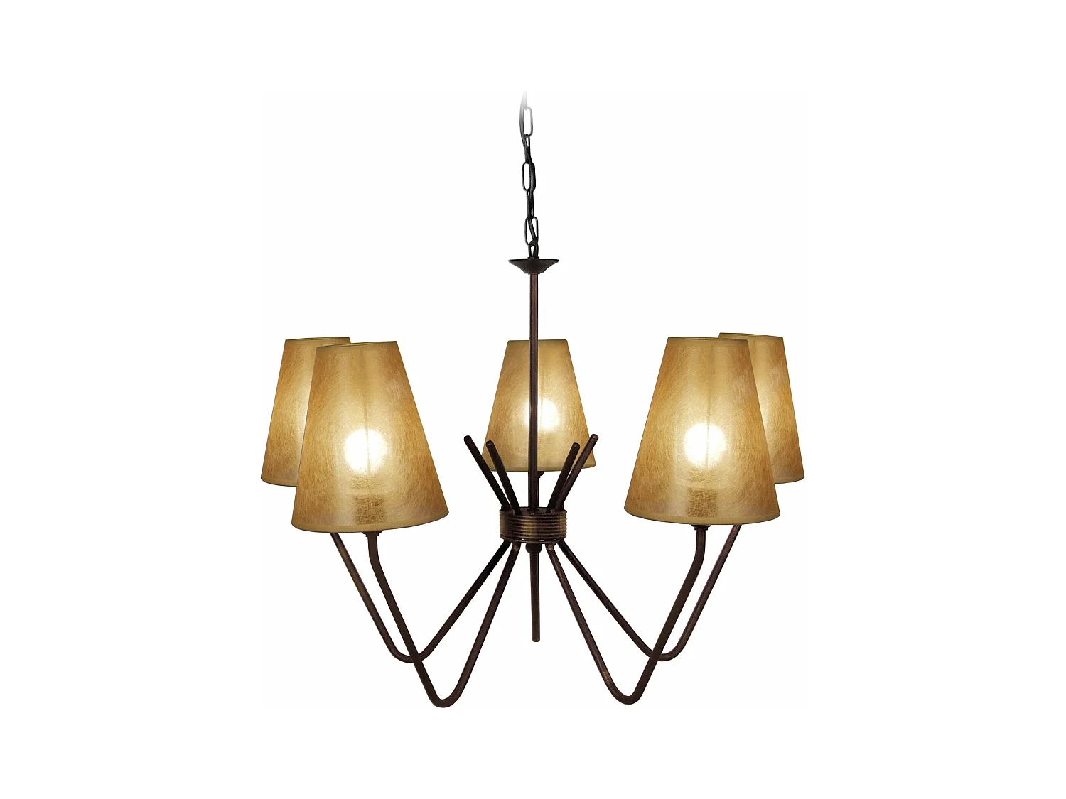Lustre 5  bras métal  marron,abat-jour vert 90 cm.