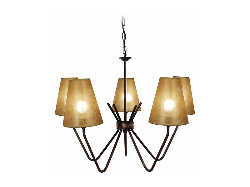 Lustre 5  bras métal  marron,abat-jour vert 90 cm.