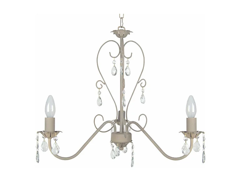 Lustre 3 bras métal taupe,pampilles verre 80 cm.