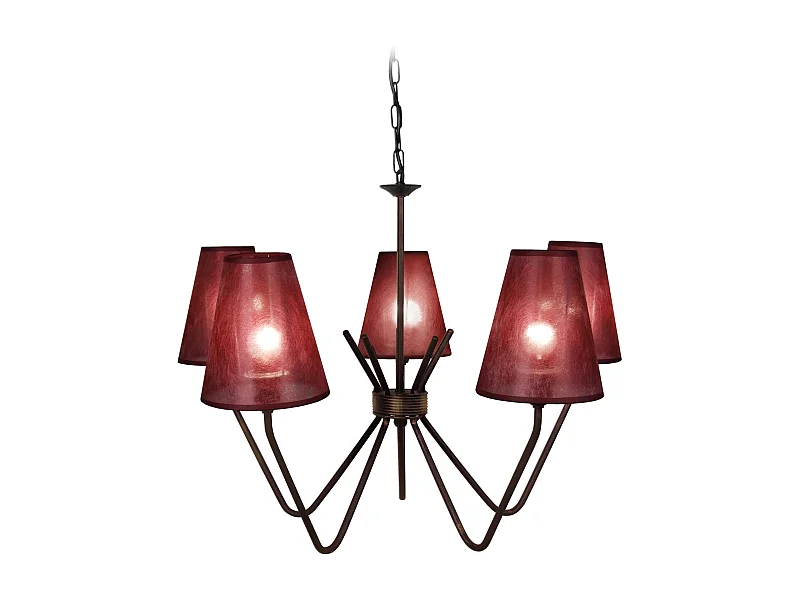 Lustre 5  bras métal  marron,abat-jour ambre 90 cm.