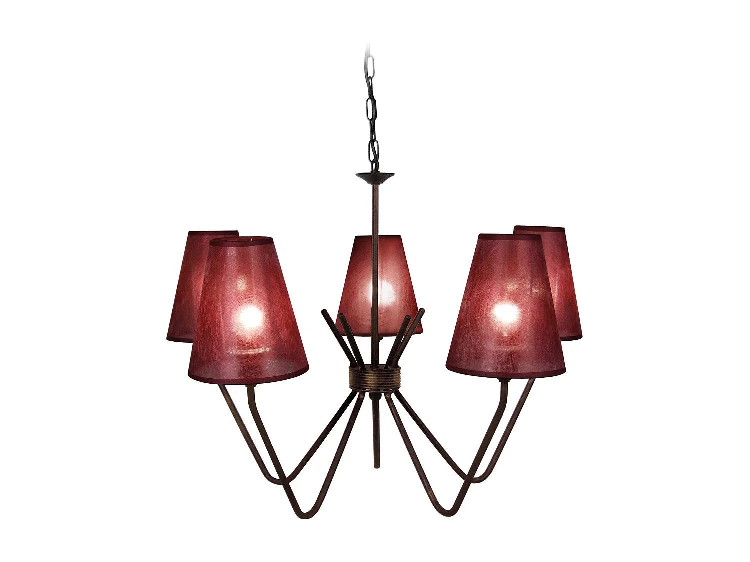 Lustre 5  bras métal  marron,abat-jour ambre 90 cm.