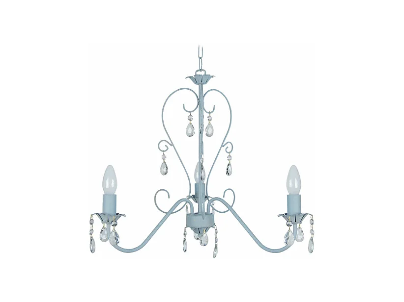 Lustre 3 bras métal bleu,pampilles verre 80 cm.