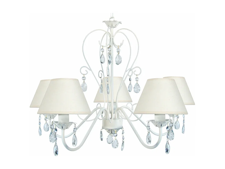 Lustre 5 bras métal abat-jour blanc,pampilles verre 80 cm.