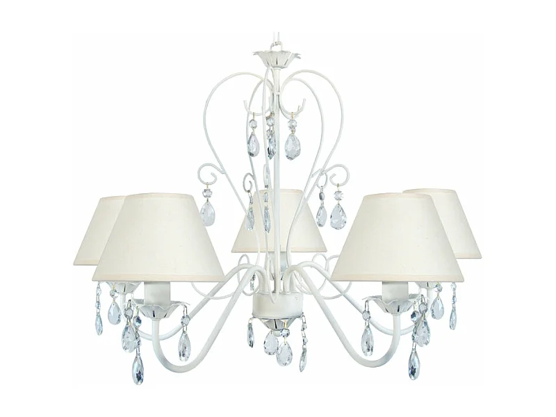 Lustre 5 bras métal abat-jour blanc,pampilles verre 80 cm.