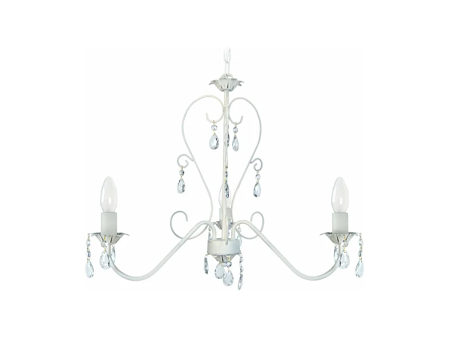 Lustre 3 bras métal blanc,pampilles verre 80 cm.