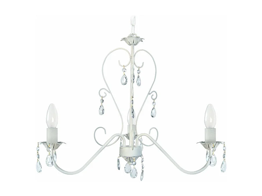 Lustre 3 bras métal blanc,pampilles verre 80 cm.