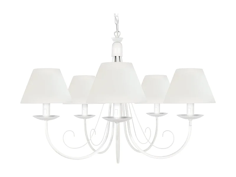 Lustre flame,abat-jour  5 bras métal blanc   80 cm.